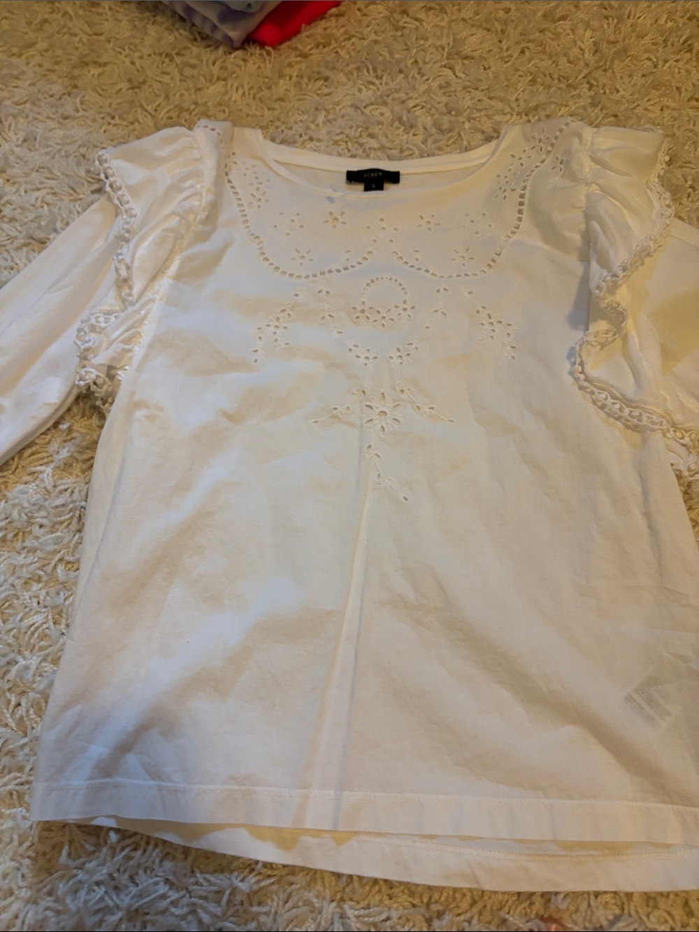 J. Crew White Eyelet Ruffle Neck Blouse
